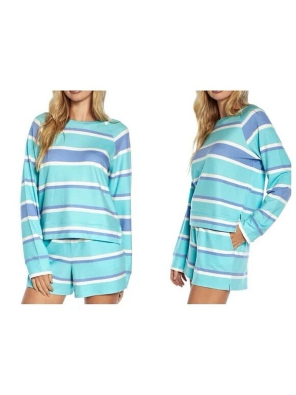 Wildfox 2-Piece Lounge Set - Striped Blue Aqua White Sweatshirt & Shorts Medium